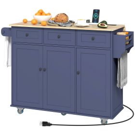 Kitchen Island on Wheels with Drop Leaf, Charging Station, Rolling Kitchen Cart with Wood Top, Adjustable Shelf, Blue