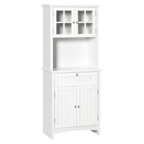 Kitchen Buffet Hutch Cabinet, Freestanding Kitchen Pantry Storage Cabinet Cupboard with Framed Glass Door, Drawer and Microwave Space, White