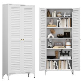 74inch H Metal Pantry Cabinet, Kitchen Pantry Storage Cabinets With 5 Shelves, For Home Office Bathroom, Required Assembly, White