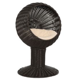 Elevated Cat Bed with Rotatable Egg Chair Pod, Cat Basket Bed with Thick Cushion, Natural Mat Grass Woven Kitty House, Coffee