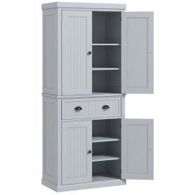 72" Traditional Kitchen Pantry Cabinet, Freestanding Tall Storage Cabinet with 4 Doors, Drawer and 3 Adjustable Shelves for Dining Room, Gray
