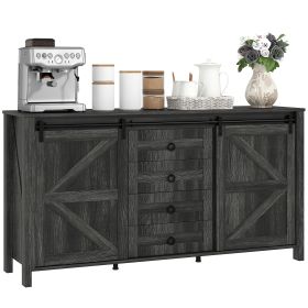 60" Buffet Cabinet, Farmhouse Sideboard with Sliding Barn Doors, Drawers and Adjustable Shelves, Distressed Dark Gray