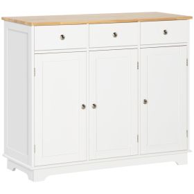 Modern Sideboard with Rubberwood Top, Buffet Cabinet with Storage Cabinets, Drawers and Adjustable Shelves, White