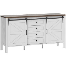 59" Buffet Cabinet, Farmhouse Sideboard with Thick Top, 2 Barn Doors, 4 Drawers and 2 Adjustable Shelves, White
