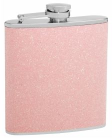 Glitter Hip Flask Holding 6 oz - Sparkles In The Light Design - Pocket Size, Stainless Steel, Rustproof, Screw-On Cap - Pink Finish