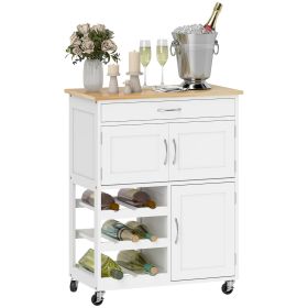 Rolling Kitchen Cart, Kitchen Island with Storage Drawer, 9-bottle Wine Rack, Door Cabinets, Wooden Countertop, White