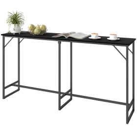 70" Bar Table with Charging Station, Industrial Rectangular Bar Height Pub Table with Steel Frame, Black Wood Grain