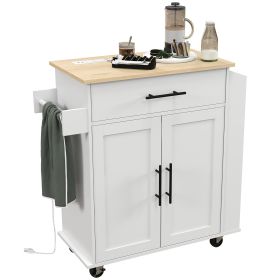 Rolling Island with Wheels for Kitchen, Kitchen Island on Rollers with Power Outlets, Drawer, and Doors, White