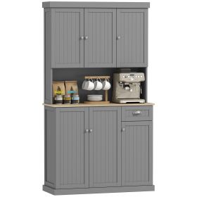 71" Buffet with Hutch, Modern Farmhouse Kitchen Pantry Storage Cabinet with Microwave Oven Countertop, Drawer, Gray