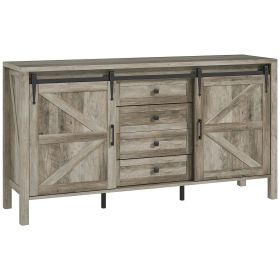 59" Buffet Cabinet, Farmhouse Sideboard with Thick Top, 2 Barn Doors, 4 Drawers and 2 Adjustable Shelves, Gray Wash