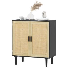Bohemian Sideboard, 31.5" Buffet Cabinet with 2 Rattan Doors and Shelves for Living Room, Hallway, Black