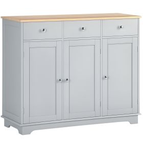 Kitchen Storage Cabinet, Sideboard Floor Cupboard with Solid Wood Top, Adjustable Shelf, and 3 Drawers, Gray