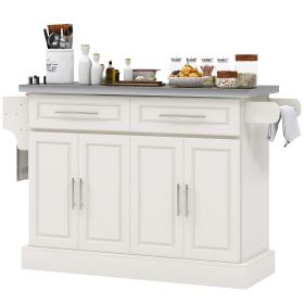Rolling Kitchen Island with Stainless Steel Top, 2 Drawers, Spice, Knife and Towel Rack and Cabinets, Cream White