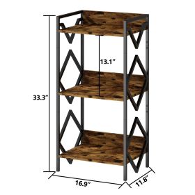 3,Tier Kids Bookshelf Metal Storage Shelf For Home Office Bedroom  Sturdy Rustic Brown Bookcase Age 12