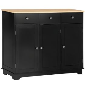Kitchen Storage Cabinet, Sideboard Floor Cupboard with Solid Wood Top, Adjustable Shelf, and 3 Drawers, Black