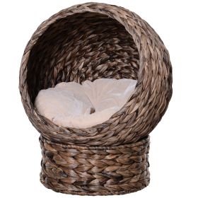 Handwoven Elevated Cat Bed with Rotating Basket and Soft Cushion, Wicker Cat Egg Chair with Stand, Brown