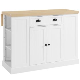 47" Fluted-Style Wooden Kitchen Island, Kitchen Countertop Storage Cabinet with Drop Leaf, Drawer, Open Shelves, Storage, White