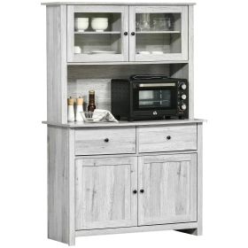 63.5" Kitchen Buffet with Hutch, Pantry Storage Cabinet with 4 Shelves, Drawers, Framed Glass Doors, Open Microwave Countertop, Ash Grey