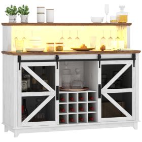 55" Coffee Bar Cabinet with Lights, Farmhouse Wine Cabinet with Wine and Glass Racks for Kitchen, Dining Room, White