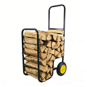 Firewood Log Cart Carrier - Outdoor Or Indoor Black Steel Wood Rack Storage Mover - Rolling Wheeled Metal Dolly Hauler - Wood Moving Equipment