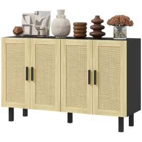 Boho Kitchen Cabinet, Buffet Cabinet with 4 Rattan Doors and Adjustable Shelves for Dining Room, Black and Natural
