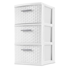 3 Drawer Weave Tower, Plastic Decor Drawers with Pull Handles, White