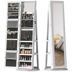 HOMCOM 360° Swivel Jewelry Armoire, Lockable Jewelry Cabinet with Full-Length Mirror, Storage Shelves, White