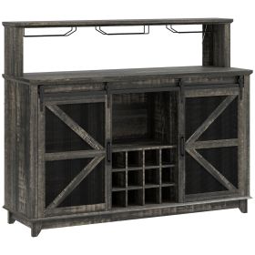 55" Coffee Bar Cabinet with Lights, Farmhouse Wine Cabinet with Wine and Glass Racks for Kitchen, Dining Room, Brown