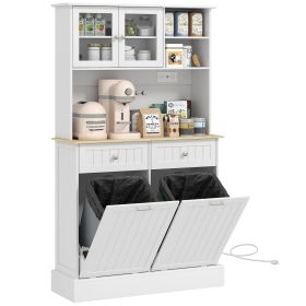 Kitchen Cabinet with Charging Station, 2 Tilt Out Cabinets, Microwave Stand, Freestanding Kitchen Pantry Cabinet, White