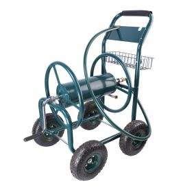 Garden Hose Reel Cart - 4 Wheels Portable Garden Hose Reel Cart With Storage Basket Rust Resistant Heavy Duty Water Hose Holder (Option: Green)