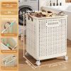 Collapsible Laundry Basket with Wheels, Medium-Large White Ceramic Look Hamper with Faux Leather Handles