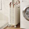 Collapsible Laundry Basket with Wheels, Medium-Large White Ceramic Look Hamper with Faux Leather Handles
