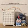 Collapsible Laundry Basket with Wheels, Medium-Large White Ceramic Look Hamper with Faux Leather Handles